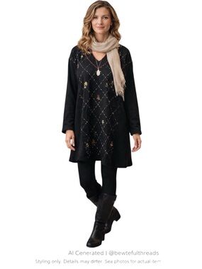 April Cornell Wool Embroidered Tunic Dress Boho Cottagecore XL